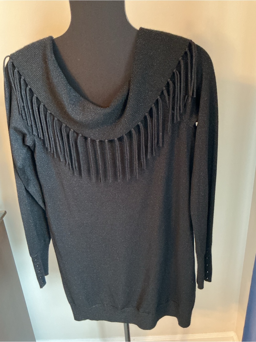 White House Black Market Black Fringe Cowl Sweater tunic